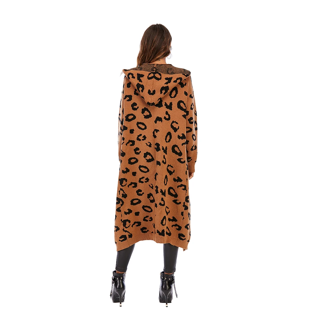 CGYY Ženske Leopard Tiskanja Dolg Rokav Knittd Jopico Odpri Prednji Jesensko Zimski Pulover Outwear Plašč s Pocket
