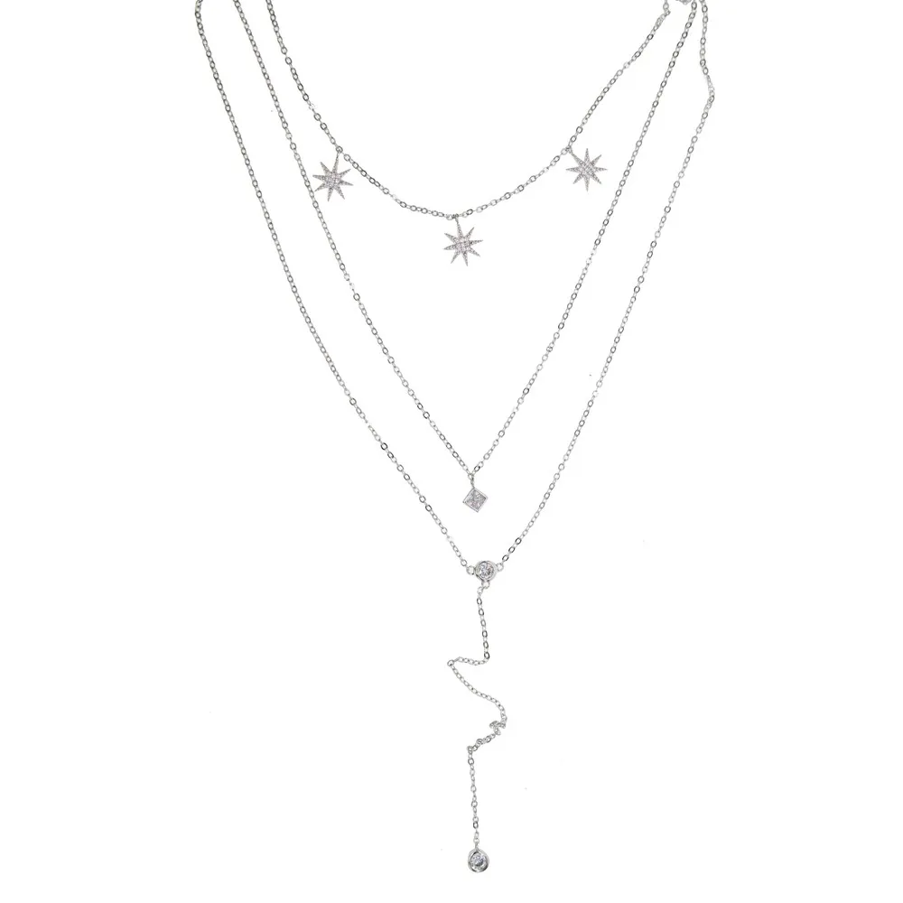 Iskrenje AAA+ kubičnih cirkonij cz star čar choker dolge verige lariat tri plasti ženske oblikovanje visoke kakovosti plast modna ogrlica