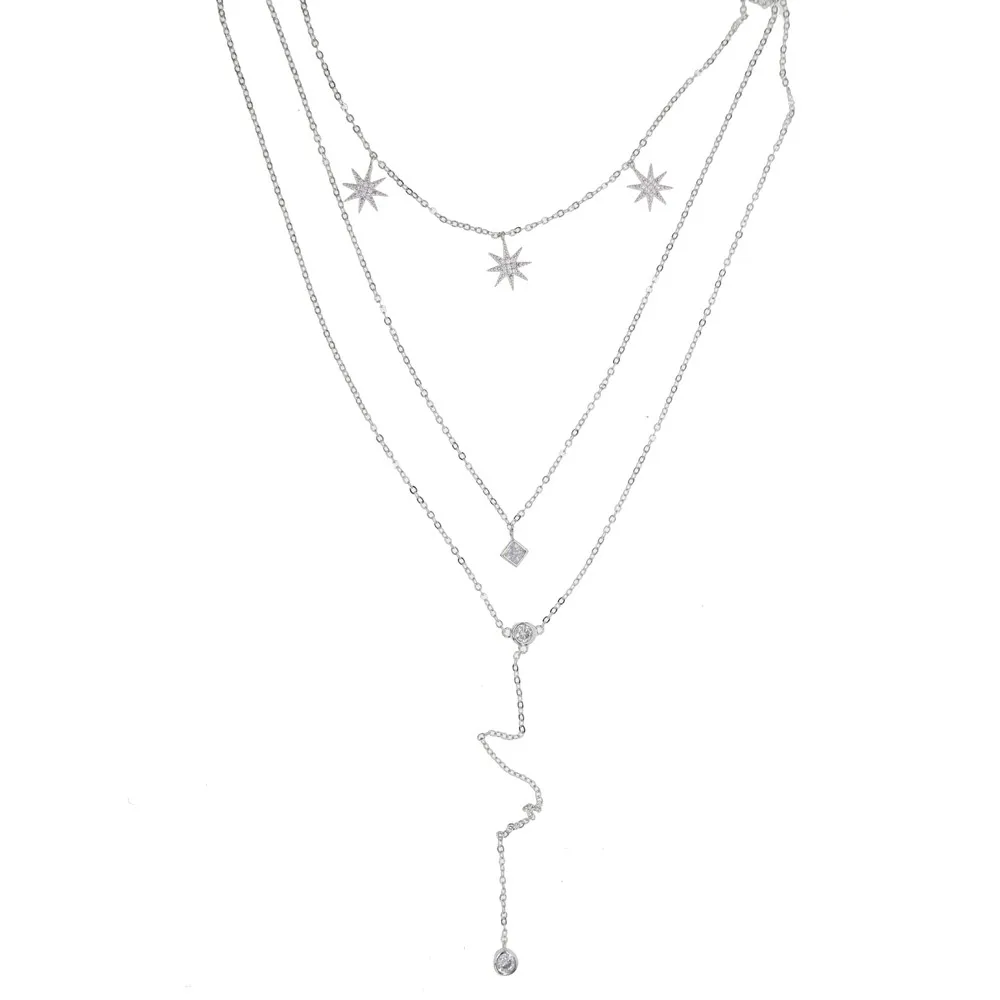 Iskrenje AAA+ kubičnih cirkonij cz star čar choker dolge verige lariat tri plasti ženske oblikovanje visoke kakovosti plast modna ogrlica