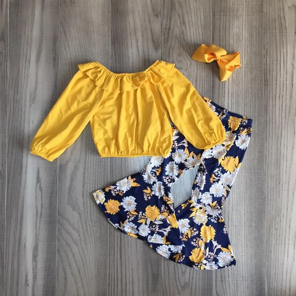 Baby Dekle obleko dekleta cvetlični obleke cvetlični trdna rumena vrh z bell dnu cvetlični hlače dekliška jesen/zima nastavitev z lokom
