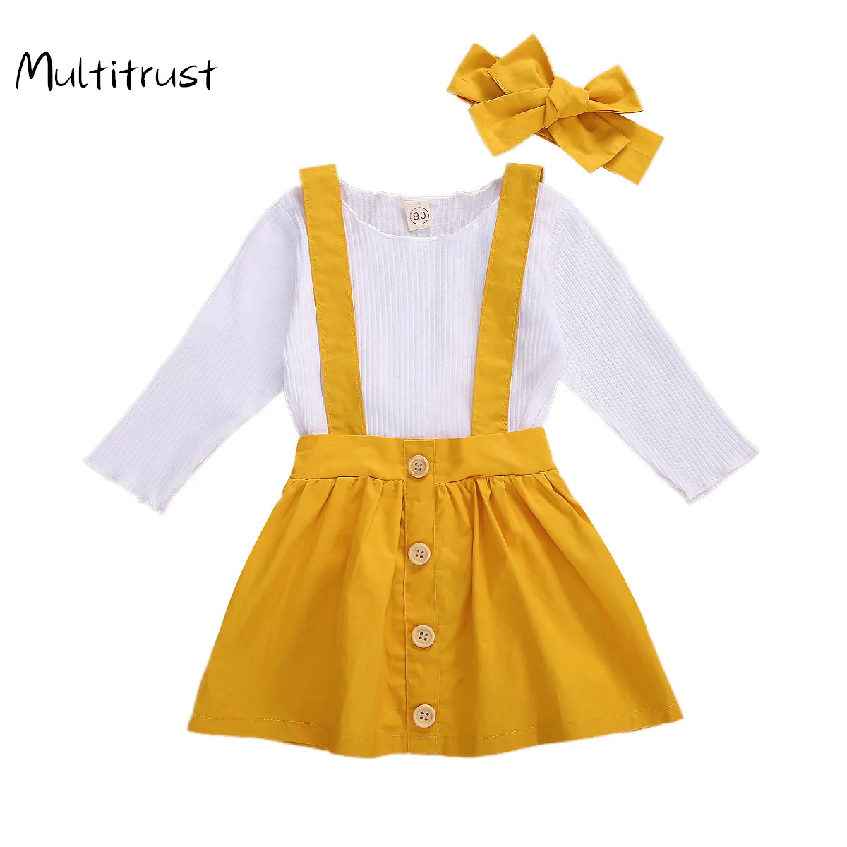 Baby Girl Obleke Jeseni Obleko Moda Barva Dolg Rokav Vrh Gumb Suspender Krilo in Glavo 3pcs