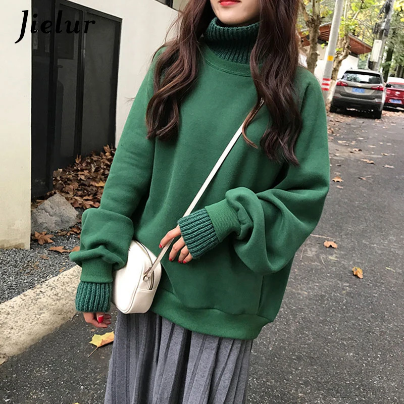 Jielur korejskem Slogu Prevelik Hoodies Ženski Zimski False Dveh Kosov Turtleneck ženska Majica Svoboden Debel Kožuh Puloverji