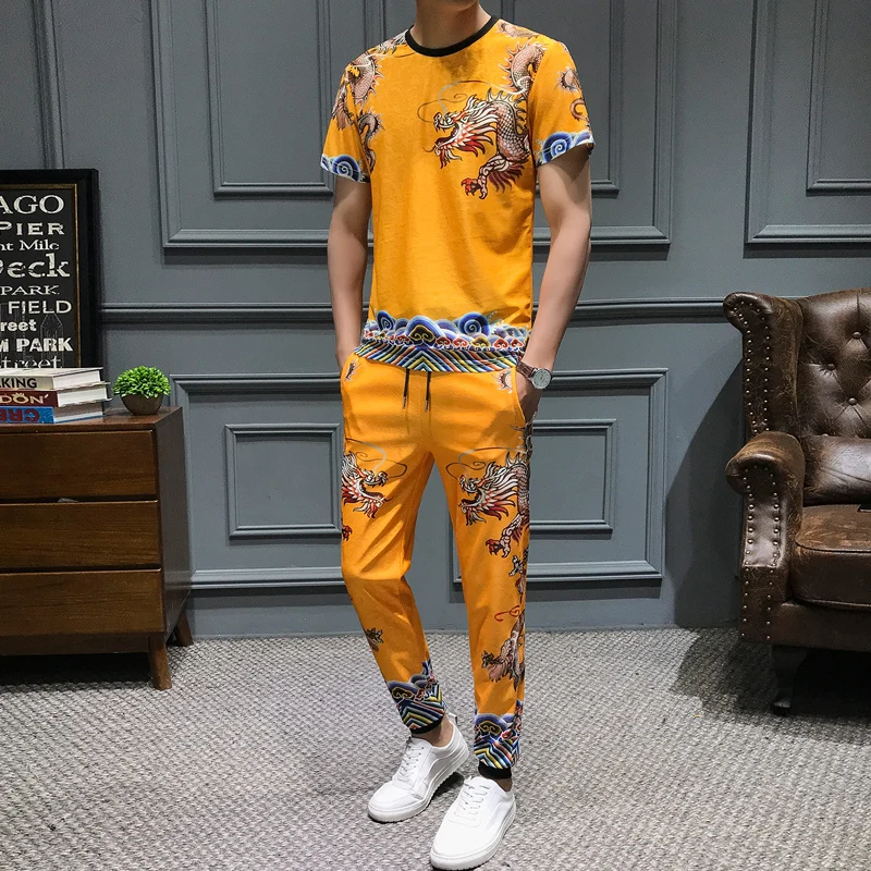 Kitajski Slog Zmaj Tiskanja Trenirka Moški Modni 2Pcs T-shirt Sweatpants Moški Šport Priložnostne Obleke Socialne Moških Oblačil