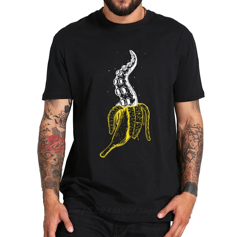 EU Velikost T shirt Hobotnica Banana Smešno Prvotni Načrt Visoko Kakovostno Digitalno Tiskanje Črno, Bombaž majica s kratkimi rokavi