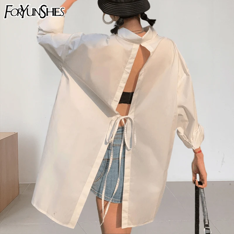 Backless Čipke Žensk Asimetrične Majica 2020 Nove Priložnostne Svoboden BF Belo Bluzo Seksi Street Nositi Oblačila, ki so korejski Moda Vrh