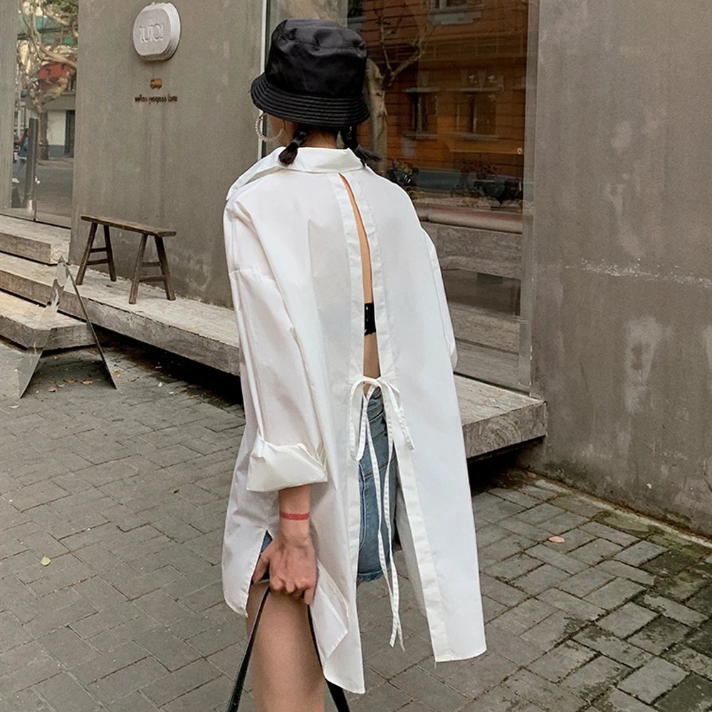 Backless Čipke Žensk Asimetrične Majica 2020 Nove Priložnostne Svoboden BF Belo Bluzo Seksi Street Nositi Oblačila, ki so korejski Moda Vrh
