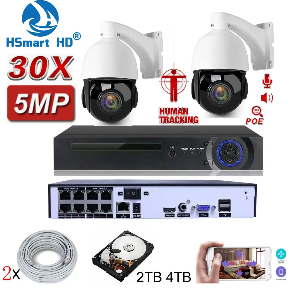 8CH 5MP HD POE NVR Kit CCTV Sistema za zaščito, dvosmerni Audio AI Auto Tracking PTZ 30X IP Kamera Zunanja uporaba P2P za Video Nadzor, Cam