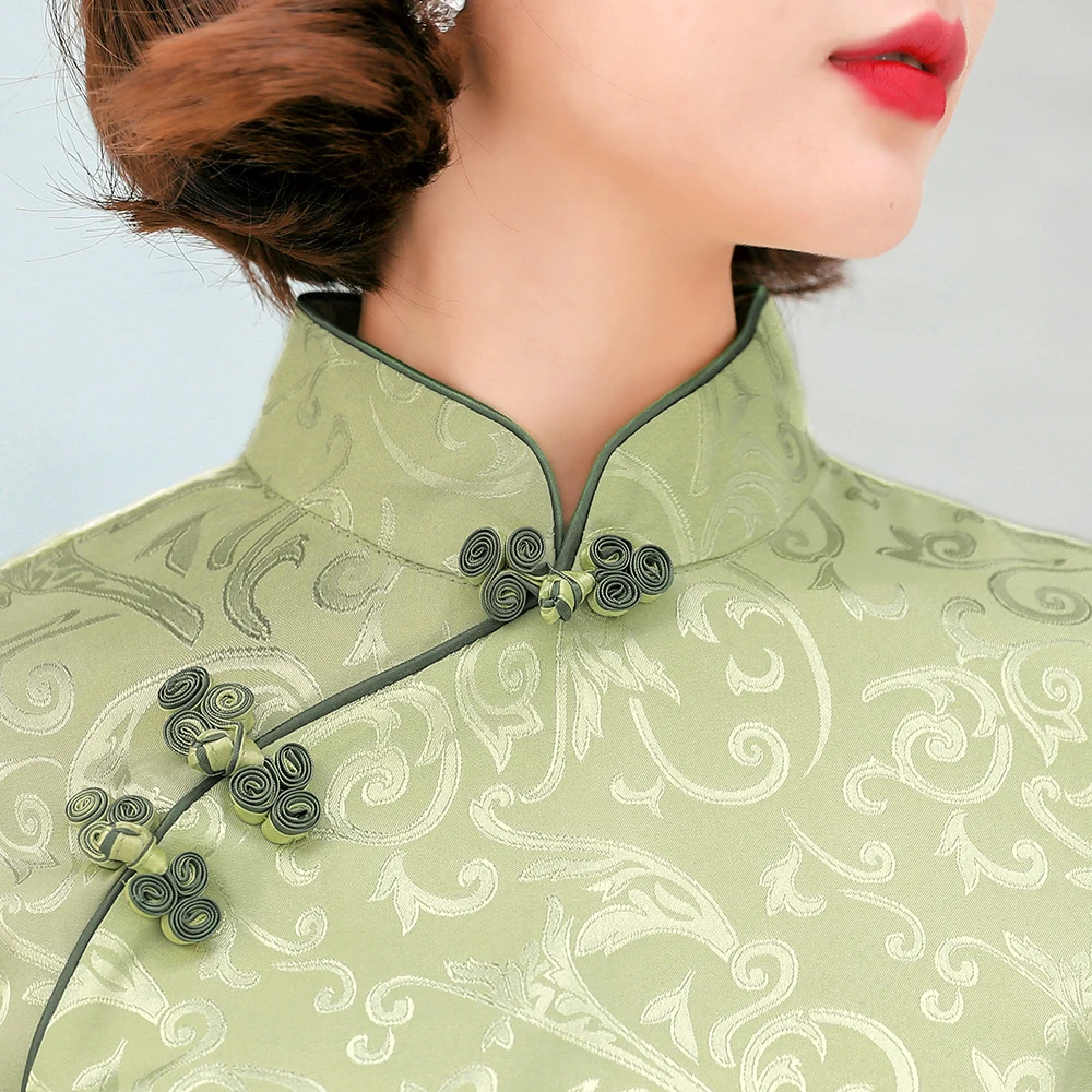 Novost Bela Natisnjeni Elegantno Bluzo Saten Kitajskih Žensk Mandarin Ovratnik Shirt Pol Sleeve Classic Ročno Gumb Vrhovi