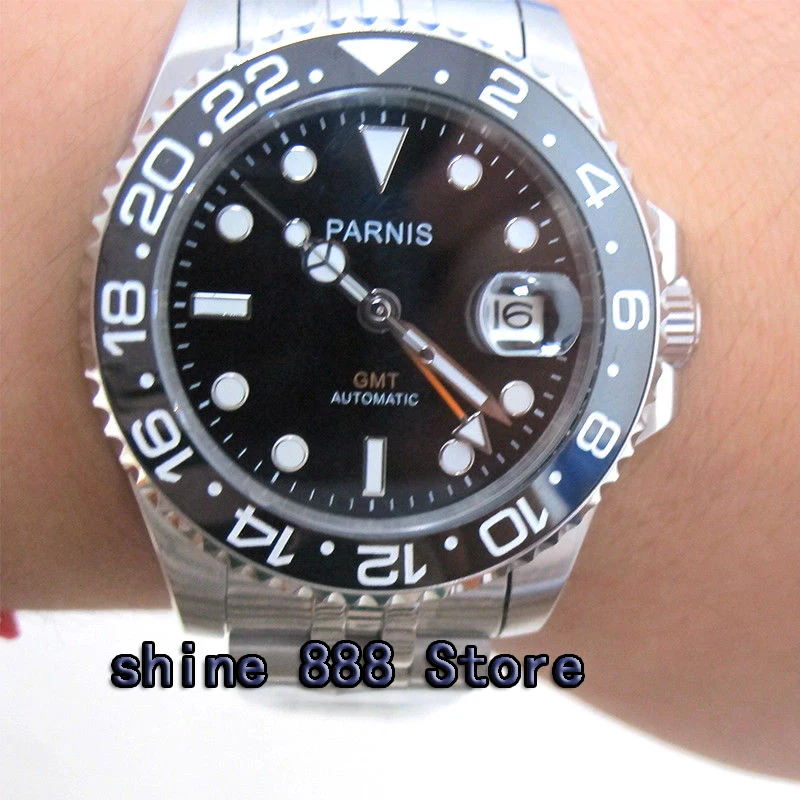40 mm PARNIS črna številčnica ploščo, Safirno steklo, datum, GMT samodejno mens watch
