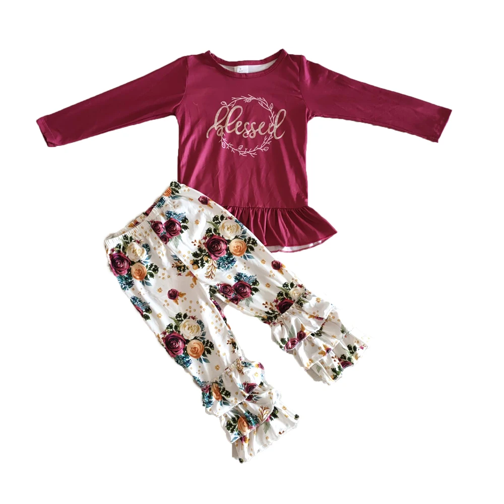 Nov prihod jeseni otroci oblačila sklop dekle vino rdeče vrh in ruffle hlače nastavite dekle pismo tiskanih design obleko z rožami