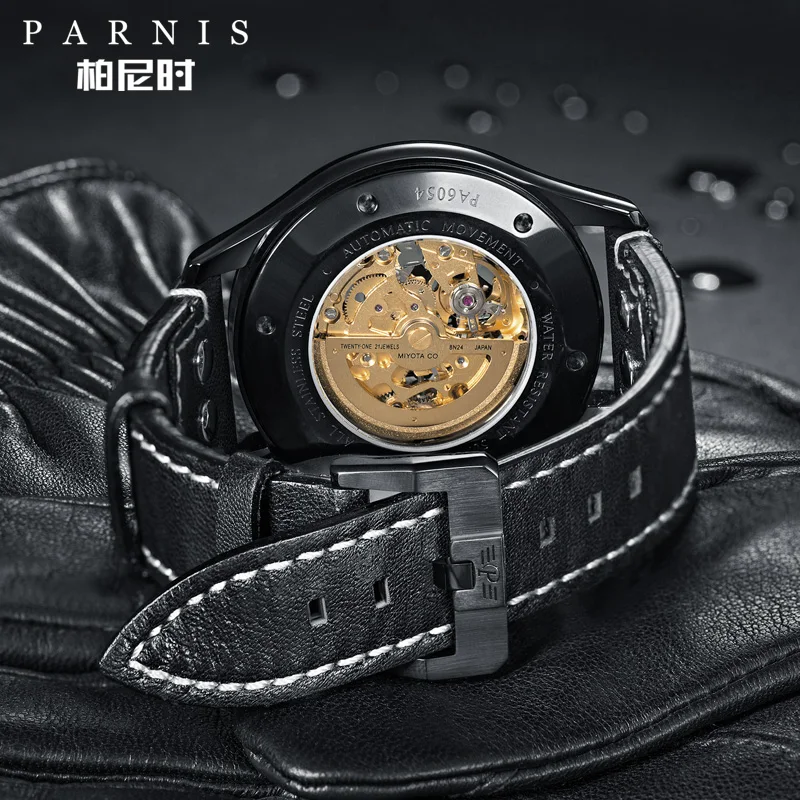 Parnis Mehanske Moške Waces Modno Oblikovanje Lobanje Moških Samodejni Watch 43mm Sapphire Kristalno Black PVD Primeru Svetlobna Usnje