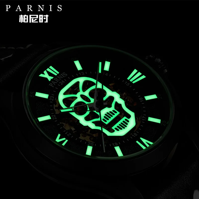 Parnis Mehanske Moške Waces Modno Oblikovanje Lobanje Moških Samodejni Watch 43mm Sapphire Kristalno Black PVD Primeru Svetlobna Usnje