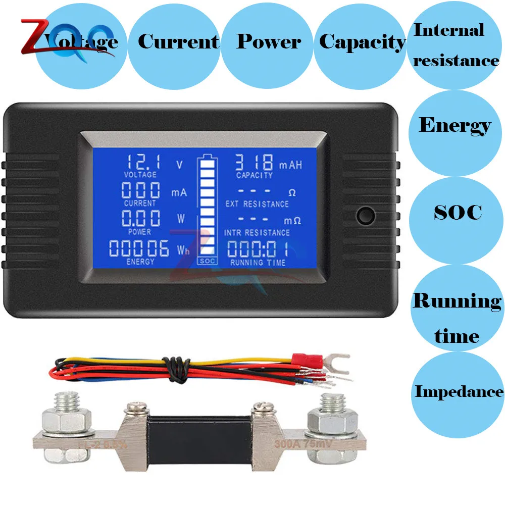 DC 0-200V 0-300A Digitalni Voltmeter Ampermeter Akumulator Tester Zmogljivost, Odpornost Napetost, Trenutna Moč Energije Meter Zaslon