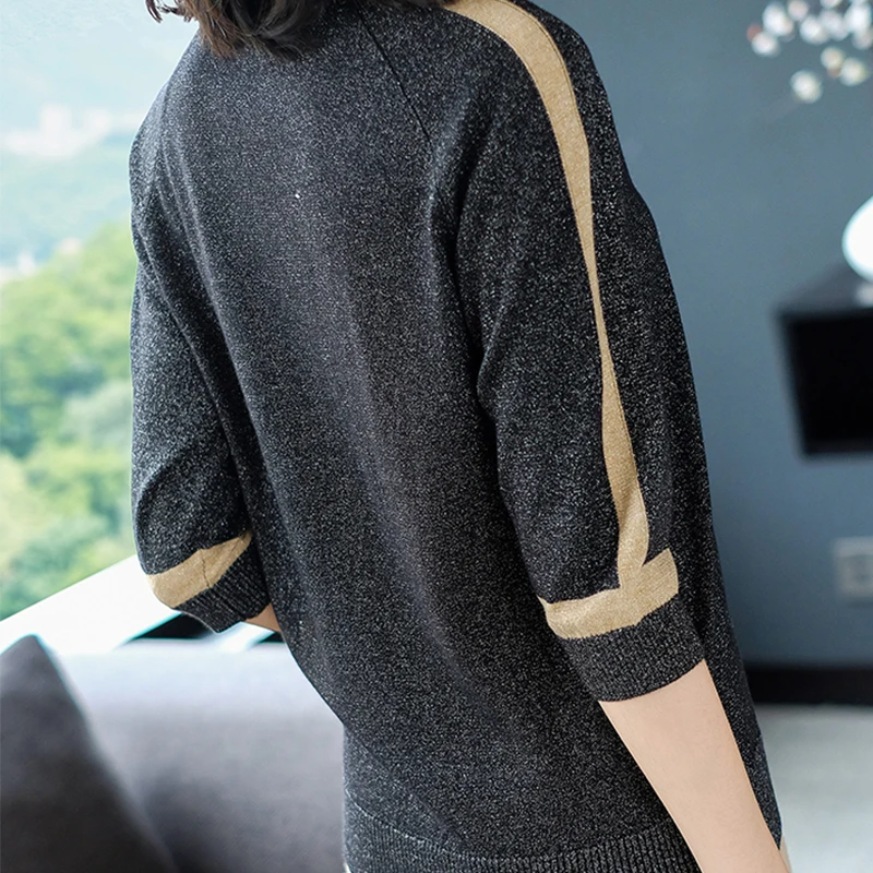 Pol Rokav Pletena majica s kratkimi rokavi Ženske Črna Mozaik T Shirt korejskem Slogu Tshirt Tee Shirt Femme 2020 Poletje