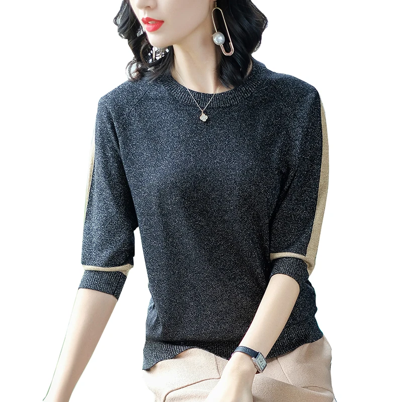 Pol Rokav Pletena majica s kratkimi rokavi Ženske Črna Mozaik T Shirt korejskem Slogu Tshirt Tee Shirt Femme 2020 Poletje