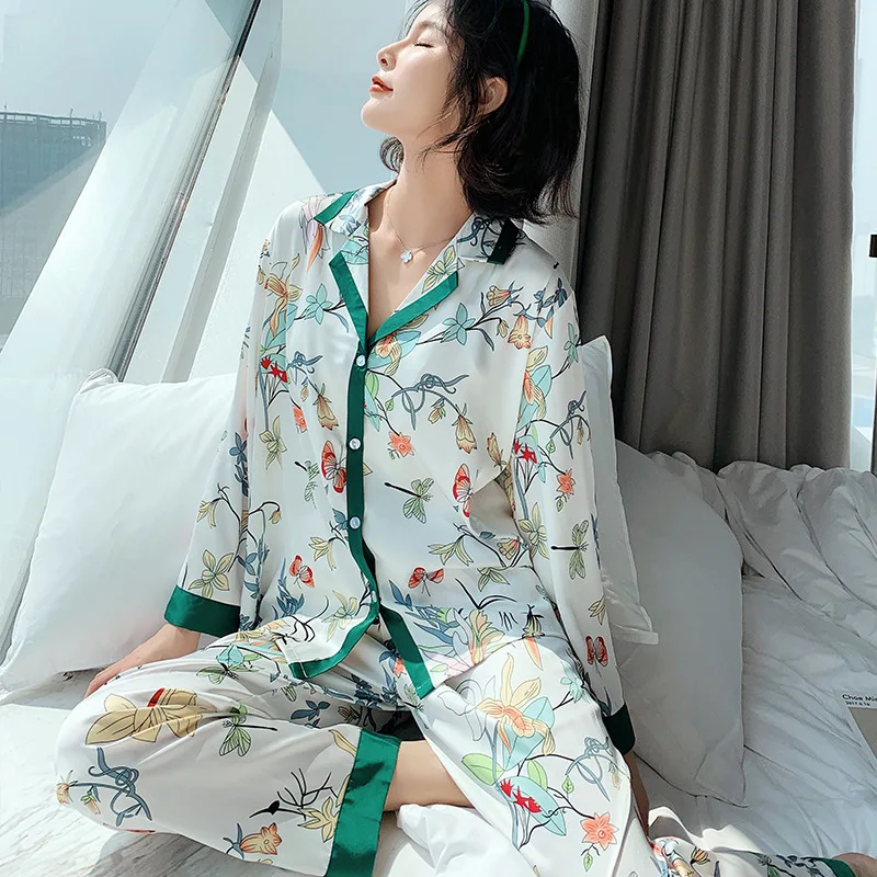 Saten Pižamo 2PCS Sleepwear Priložnostne Srajco&Hlače Ženske More Print Cvet Pijamas Mirovanja Nastaviti Svilnato Kimono Plašč Domačo Rabo