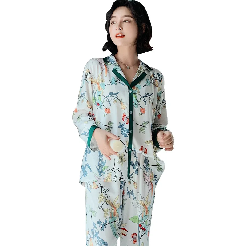 Saten Pižamo 2PCS Sleepwear Priložnostne Srajco&Hlače Ženske More Print Cvet Pijamas Mirovanja Nastaviti Svilnato Kimono Plašč Domačo Rabo