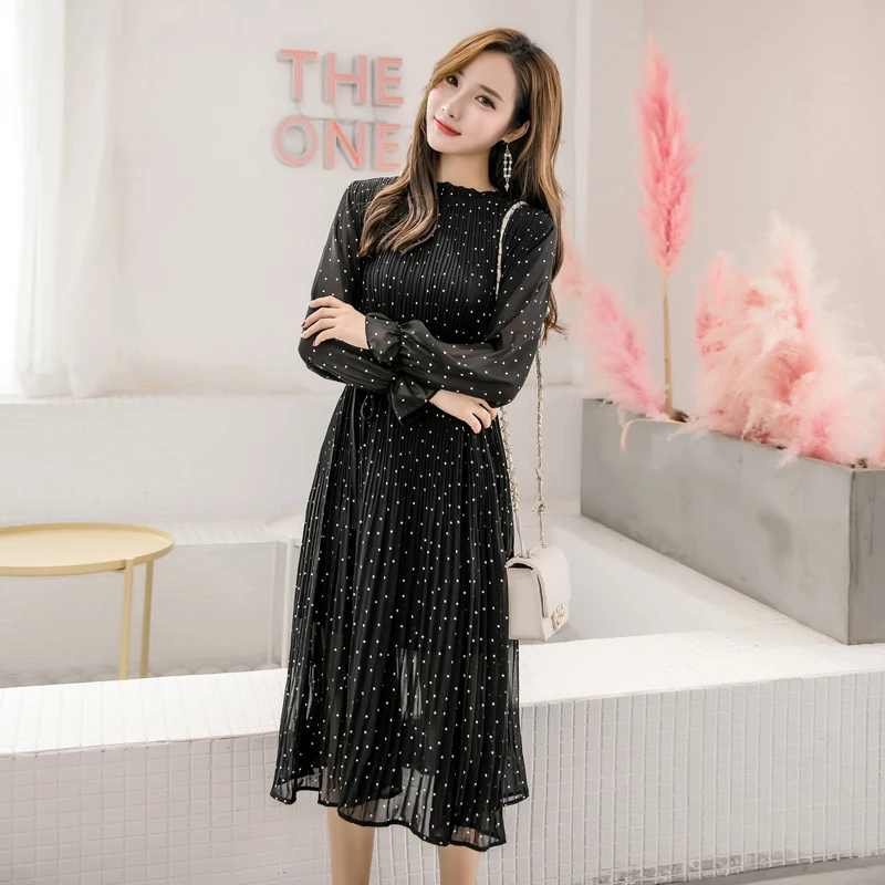 2020 Nove Korejske Modne Ženske Dolg Rokav Polka Dot Nabrano Obleko Black O-Vratu Letnik Pomlad Lady Dolgo Šifon Obleko 3670 50