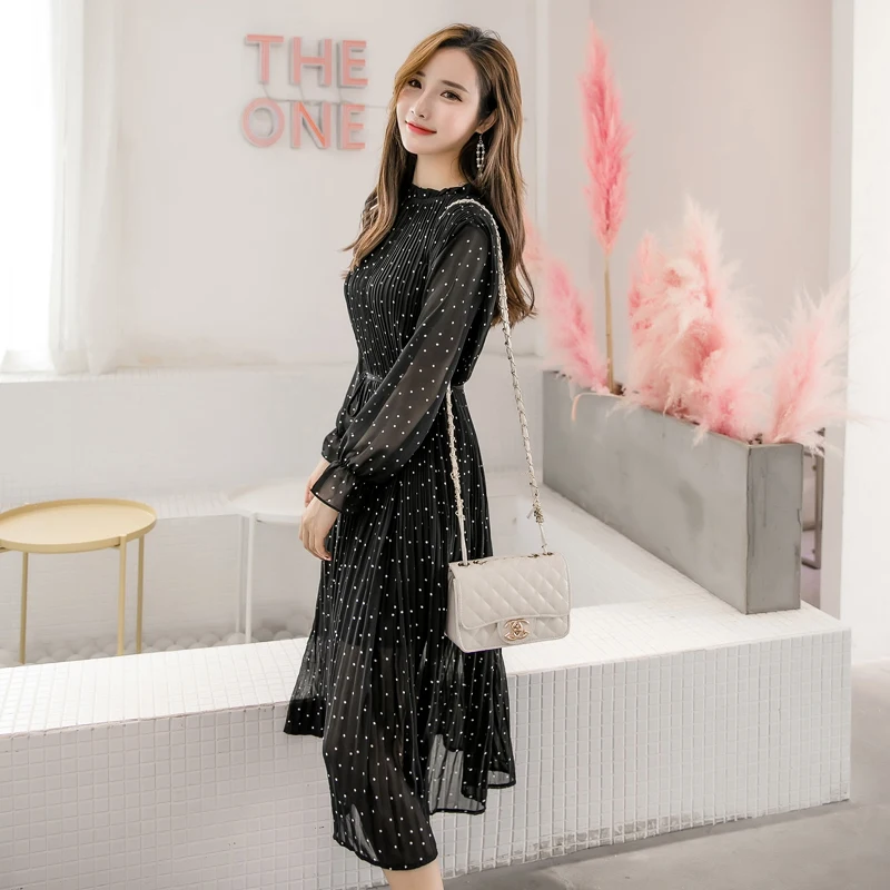 2020 Nove Korejske Modne Ženske Dolg Rokav Polka Dot Nabrano Obleko Black O-Vratu Letnik Pomlad Lady Dolgo Šifon Obleko 3670 50