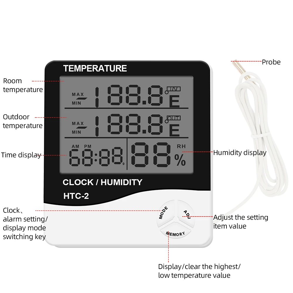 HTC-2 Notranja Zunanja higrometer Digitalni Temperatura Vlažnost Merilnik Termometer Vremenska Postaja, Ura, Alarm Steno Senzor Sondo