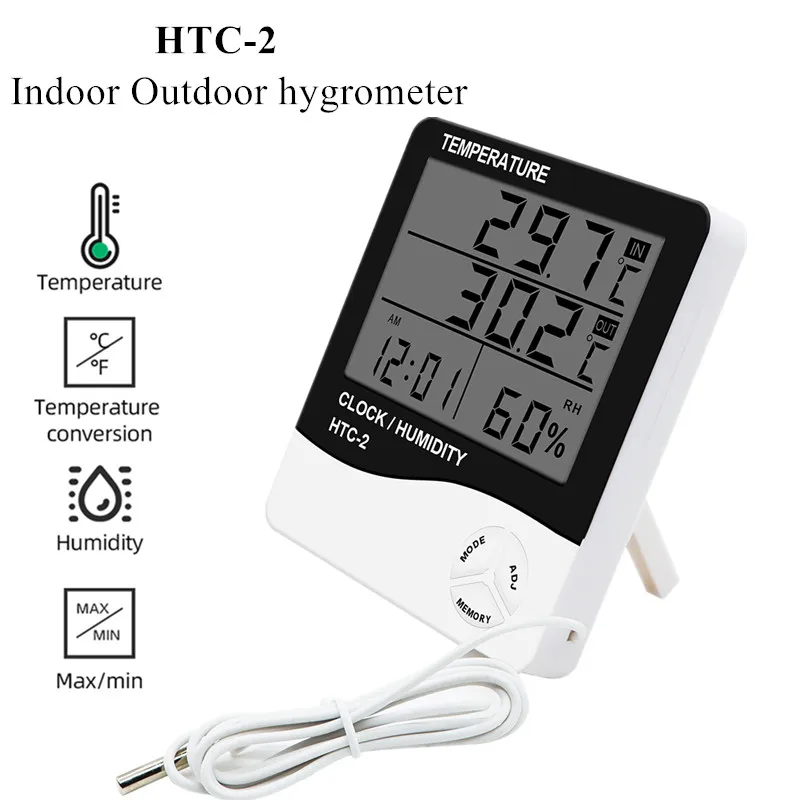 HTC-2 Notranja Zunanja higrometer Digitalni Temperatura Vlažnost Merilnik Termometer Vremenska Postaja, Ura, Alarm Steno Senzor Sondo