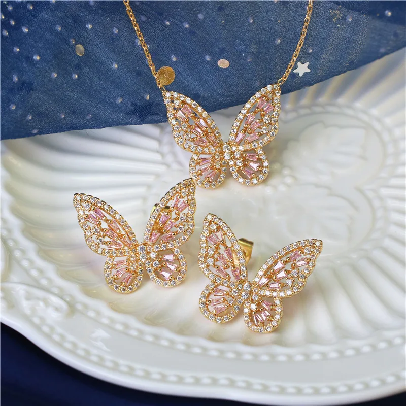 14K Resnično Zlato Nakit Set Ogrlice Butterfly za Ženske Luksuzni Kubičnih Cirkon CZ Stud Uhani