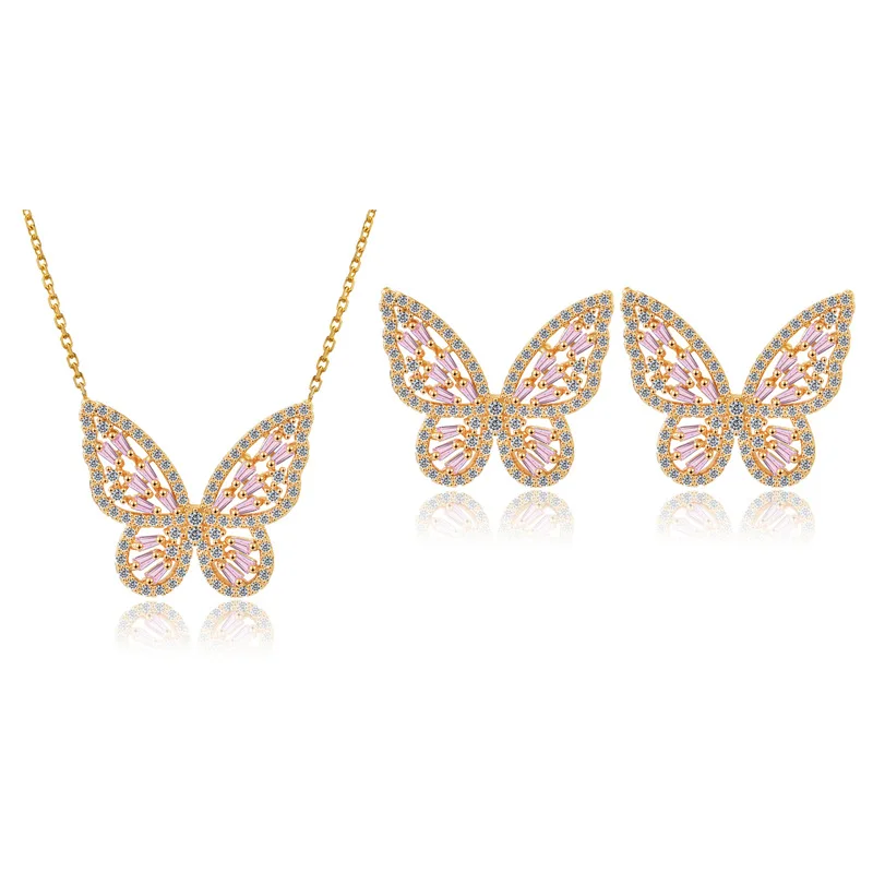 14K Resnično Zlato Nakit Set Ogrlice Butterfly za Ženske Luksuzni Kubičnih Cirkon CZ Stud Uhani