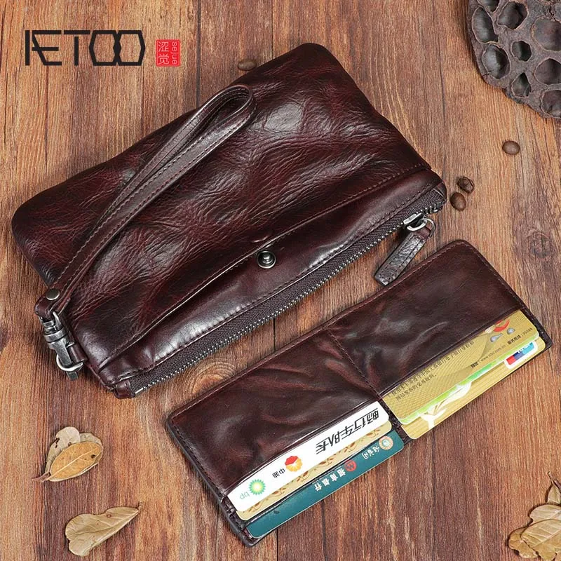 AETOO Original ročno pravega usnja dolgo Vintage denarnica usnje, nagubana multi-funkcijo velik trend sponke denarnice moški
