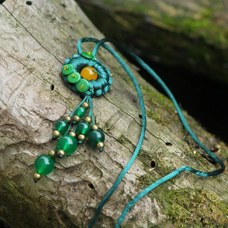 Ročno pletene obesek ogrlico zelenih chalcedony kroglice tassel baker listov, ki so dolgi pulover verige etnične ženske ogrlica 0556