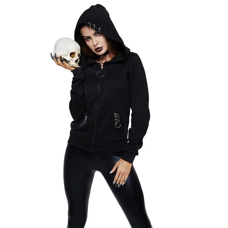 Rosetic Ženske Hoodies Priložnostne Black Goth Punk Vrhovi Plus Velikost Naravnost Hooded Zadrgo Pomlad Gothic High Street Ženski Zgornji Del Trenirke