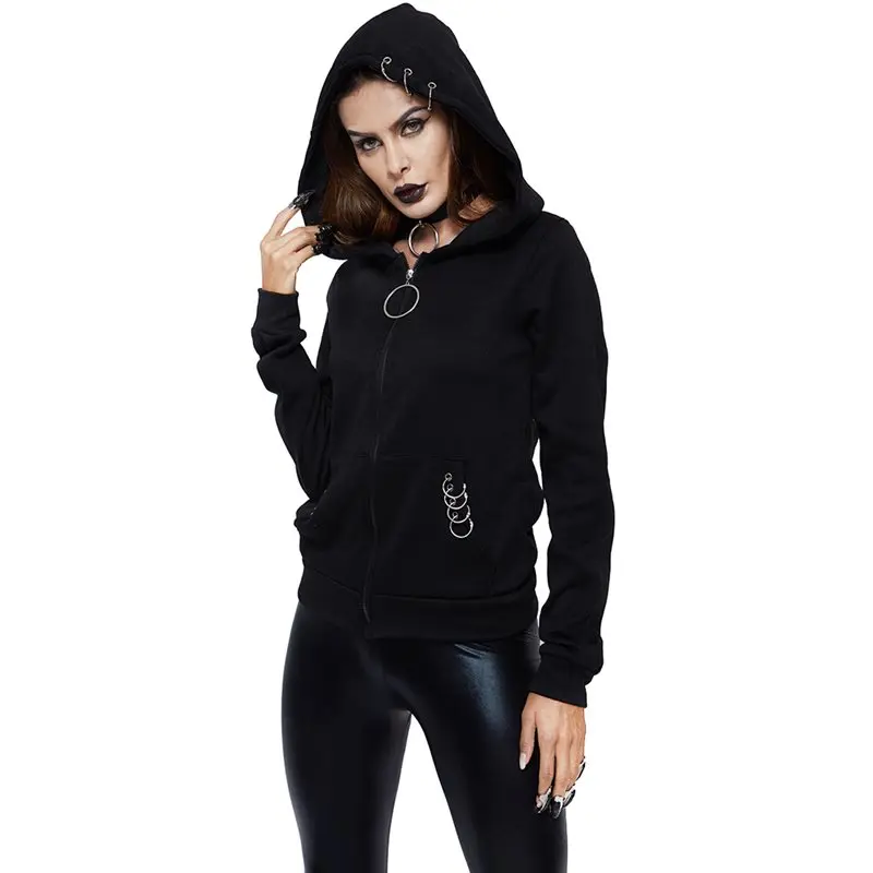 Rosetic Ženske Hoodies Priložnostne Black Goth Punk Vrhovi Plus Velikost Naravnost Hooded Zadrgo Pomlad Gothic High Street Ženski Zgornji Del Trenirke