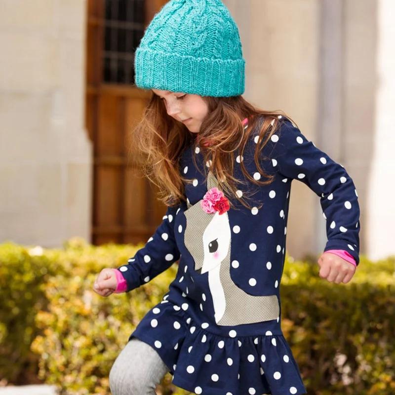 Nove Jesensko Zimske Obleko Dekle Malčke Baby Girl Obleke Bombaž Dolg Rokav Pika Cartoon Živali Jelena Tiskanja Ruffle Princesa Obleke