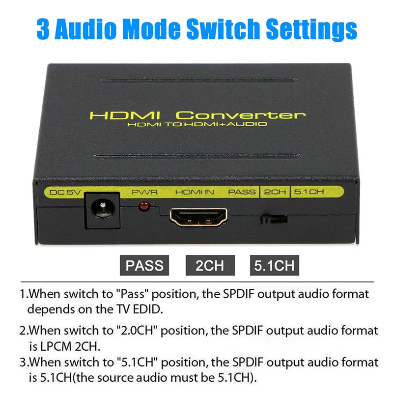 HDMI na HDMI Optična + SPDIF + RCA L/R Extractor Pretvornik Zvoka za Ločevanje Adapter 1080P NAPAJALNIK