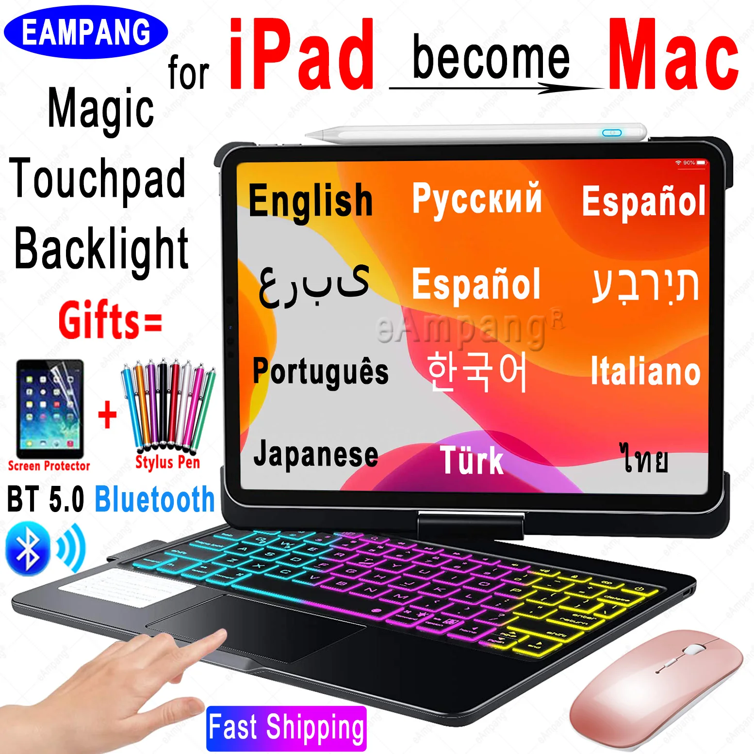 Za iPad Zraka 4 10.9 Pro 11 2020 2018 Čarobno Sledilno Tipkovnico Primeru ruski španski arabski korejski hebrejski Tipkovnico, Miško portugalski