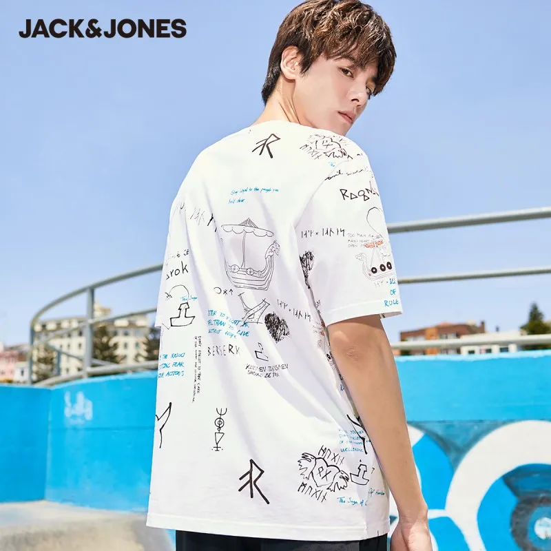 JackJones Moške Bombaž Grafiti Vzorec Okrogel vratni Izrez, Kratke oplaščeni T-shirt| 220101583