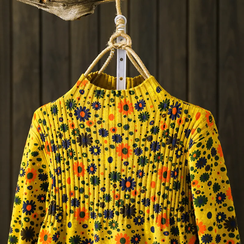 Cvjetnim natisne ženske, puloverji in puloverji pleteni ženske oblačila z Dolgimi Rokavi Pulover Pletenje