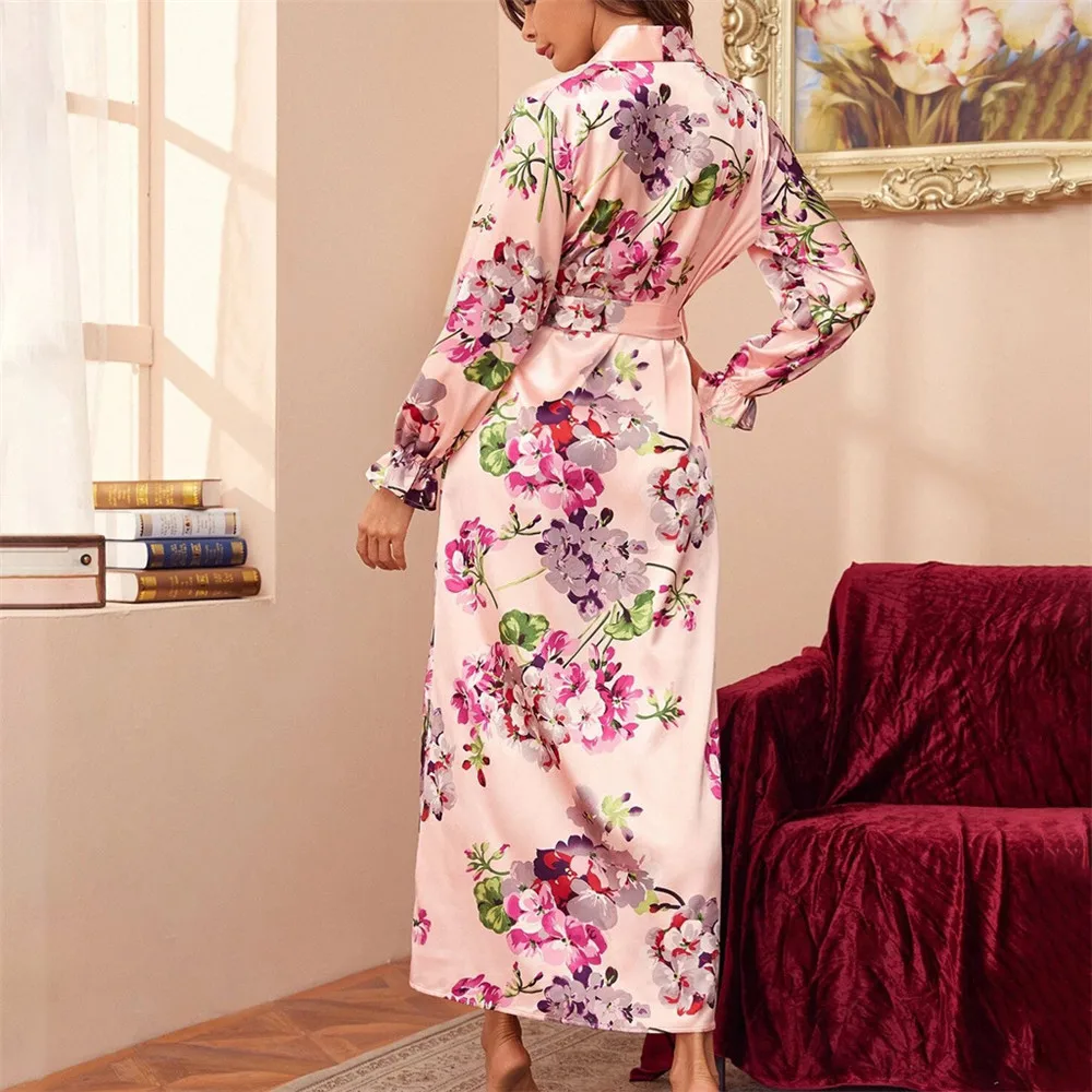 Ženske Elegantne Cvetlični Oblačilih, Svilnato kopalni plašč Kimono Seksi Dolgih Oblačilih, spodnje Perilo, Pižame, Spalne Obleko Seksi Proti-vrat Čipke Dolgi Rokav