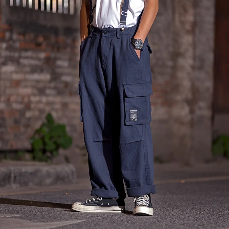 Moški Japonska Streetstyle Svoboden Vintage Moda Hip Hop Jumpsuit Splošno Hlače Naravnost Hlace Moški Svoboden Priložnostne Tovora Hlače Z Oprsnikom