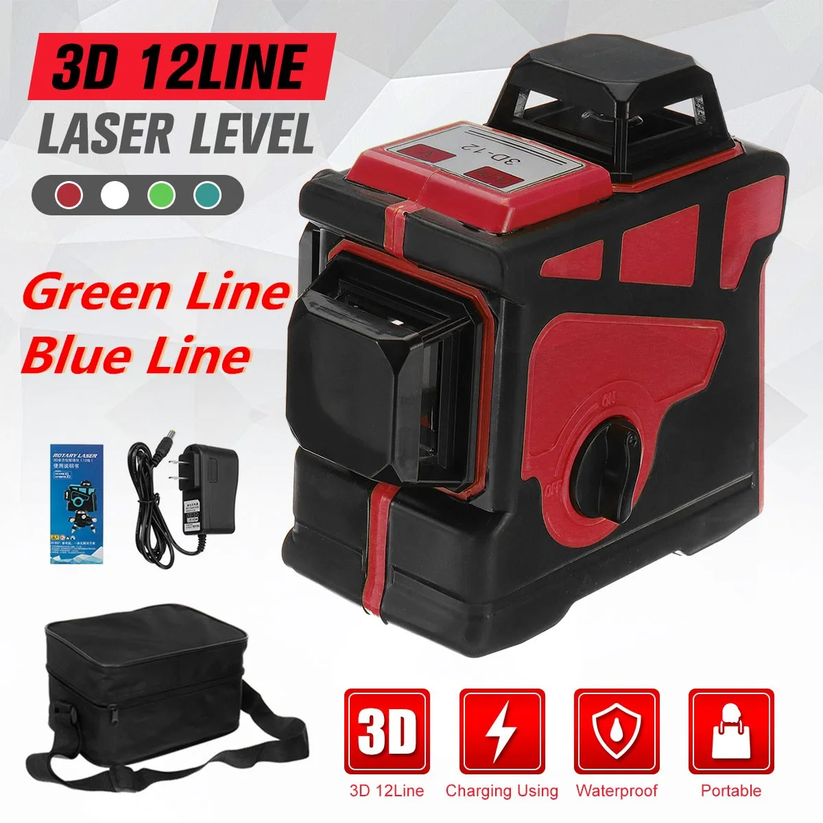 ZEAST 12 Linije 3D Laserski Ravni Modro/Zeleno Svetlobo 360° Self-Izravnavo Horizontalne&Vertikalna Zelena Luč AC100-240V Polnilnik Laser Ravni