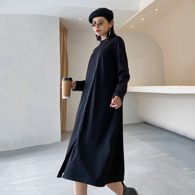 Zadrgo Črna Plus Velikost Obleka Ženske Novo Stojalo Ovratnik, Dolgi Rokavi Moda Svoboden Priložnostne Vestidos Obleke Obleke Pomlad Jesen 2021