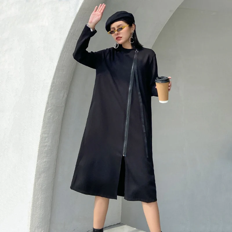 Zadrgo Črna Plus Velikost Obleka Ženske Novo Stojalo Ovratnik, Dolgi Rokavi Moda Svoboden Priložnostne Vestidos Obleke Obleke Pomlad Jesen 2021