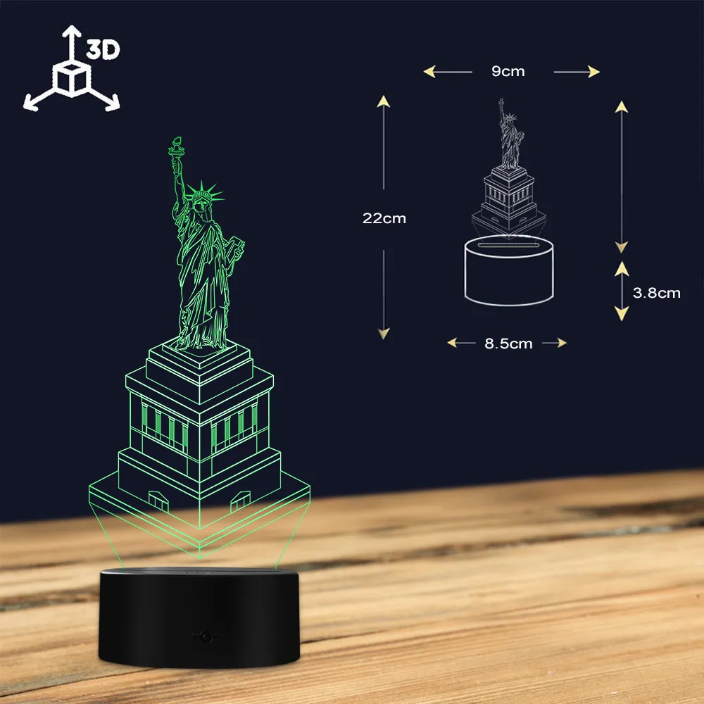 Kip Svobode Svetovno Znanih Znamenitosti 3D iluzije Noč Svetilka New York Ameriški Simboli, Potovanja, trgovina s Spominki, Darila Tabela Razpoloženje Lučka