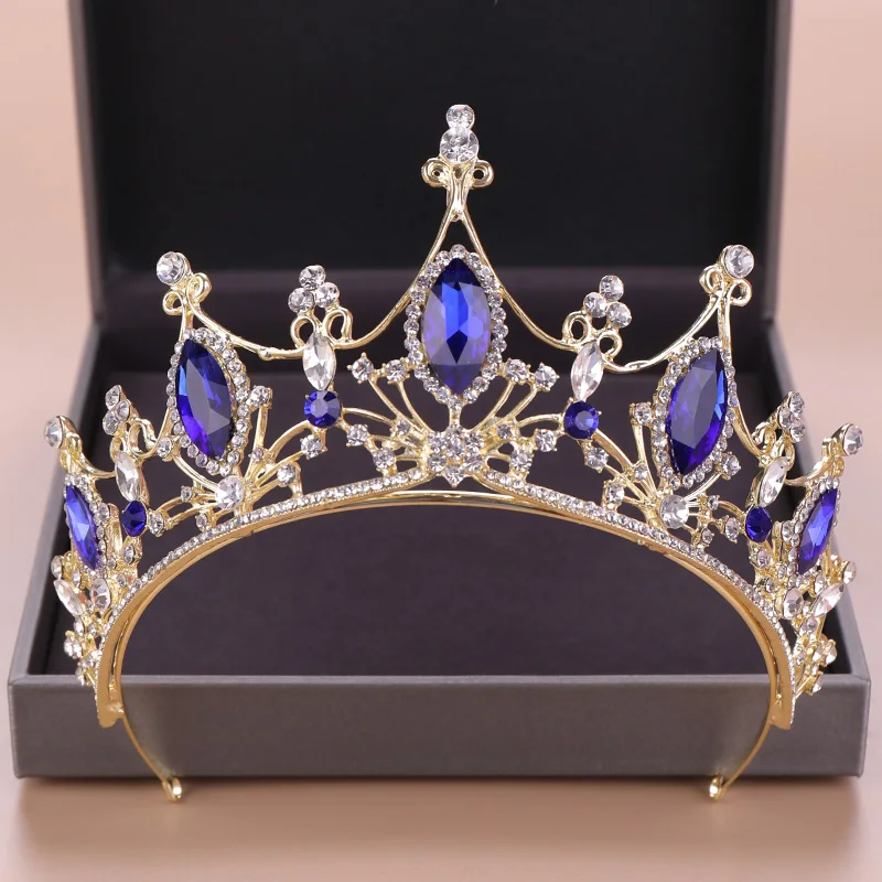 Vintage Zlate Lase, Nakit Modra Kristal Nosorogovo Diadems Tiaras In Krone Kraljica Princesa Poročni Dodatki Za Lase Headdress