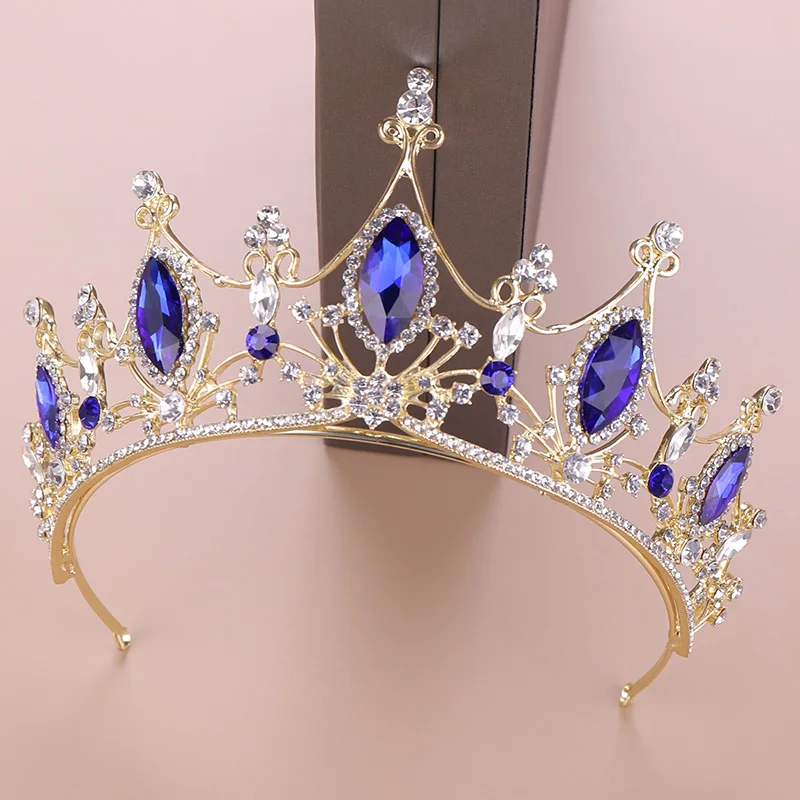 Vintage Zlate Lase, Nakit Modra Kristal Nosorogovo Diadems Tiaras In Krone Kraljica Princesa Poročni Dodatki Za Lase Headdress