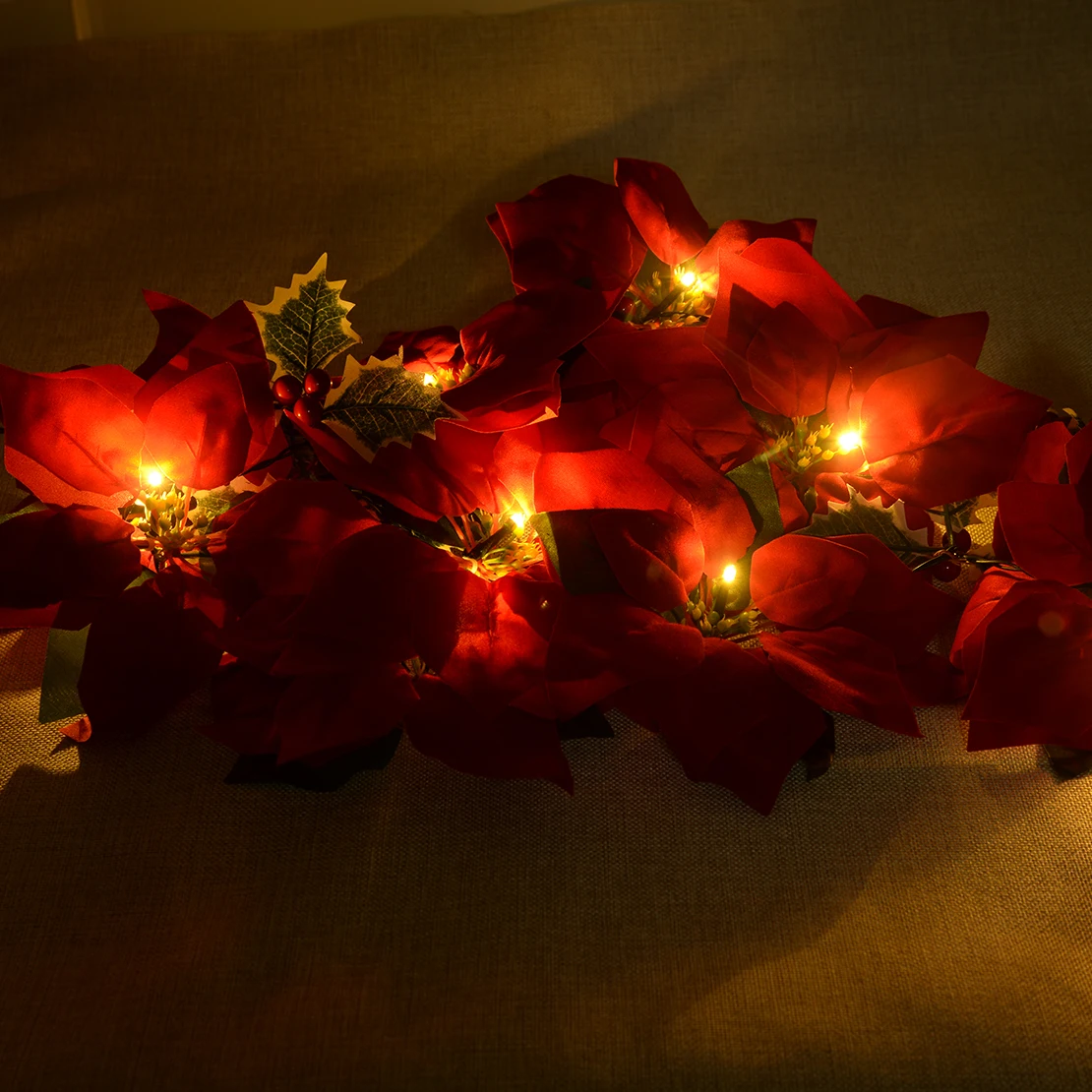 Rdeča Božič Umetno Poinsettia Garland Niz Luči Za Vrt, Kamin Vrata Dekoracijo 10 LED AAA Baterije Počitnice Stranka
