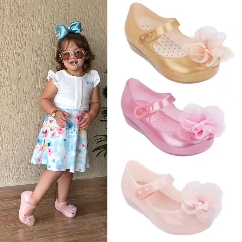 Novi Mini Melissa Otrok sladkarije Čevlji Camellia kristalno Plaži Otroci Sandale Dekle, Princesa PVC Mehke Sladkarije čevlji