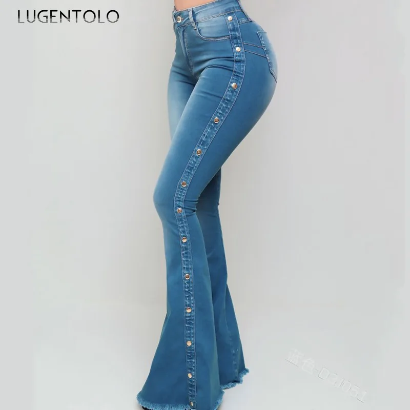 Lugentolo Ženske Jeans Jeseni Nove Priložnostne Strani Zapenjanje Bell-dno Hlače, Visoka Vitka Ženska Slim Dolge Jeans