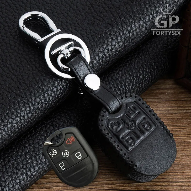 Avto Pravega Usnja Vrečko Daljinski upravljalnik Avto Keychain Tipko Kritje Primera Keyfob Za Ford Explorer 5Buttons Transponder Auto Tipko L215