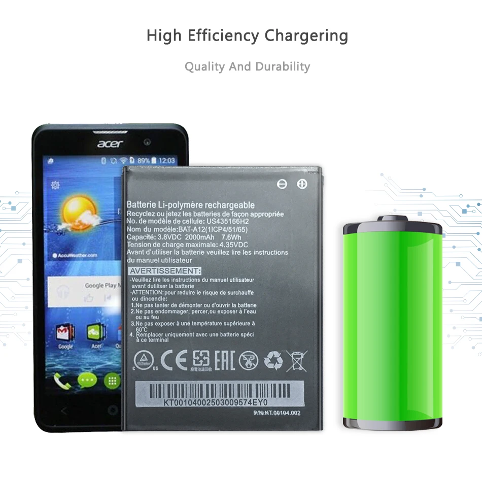 BAT-A12 Mobilni Telefon Baterija Za Acer Liquid Z520, Tekoče Z520 Dual SIM (P/N BAT-A12(1ICP4/51/65) KT.001 2000mA