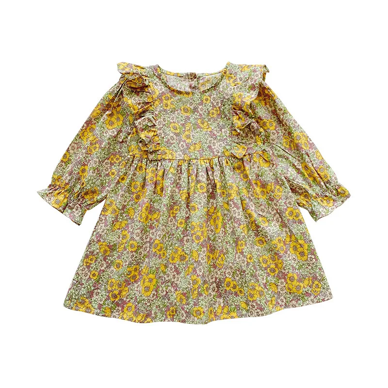 Dekle Obleko Cvetlični Vzorec, Dolg Rokav Baby Ruffles Otroci obleko Sladko Otrok Obleka Princess Party Girl Jesen Obleke 1-6Y